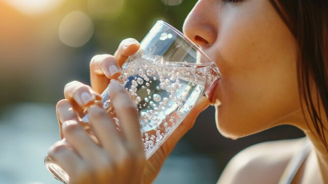 Close up female young woman person drinking water from a glass outdoors on light blurred background as hydration and healthy skin and weight managment concept
