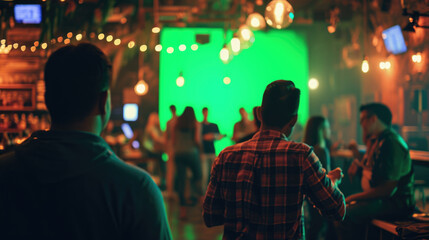 Obraz premium Group of people in a bar watching a television screen with a green chroma key screen