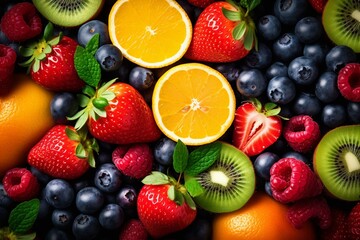 Assortment of healthy raw fruits and berries platter background, strawberries raspberries oranges plums apples kiwis grapes blueberries, mango, top view, selective focus