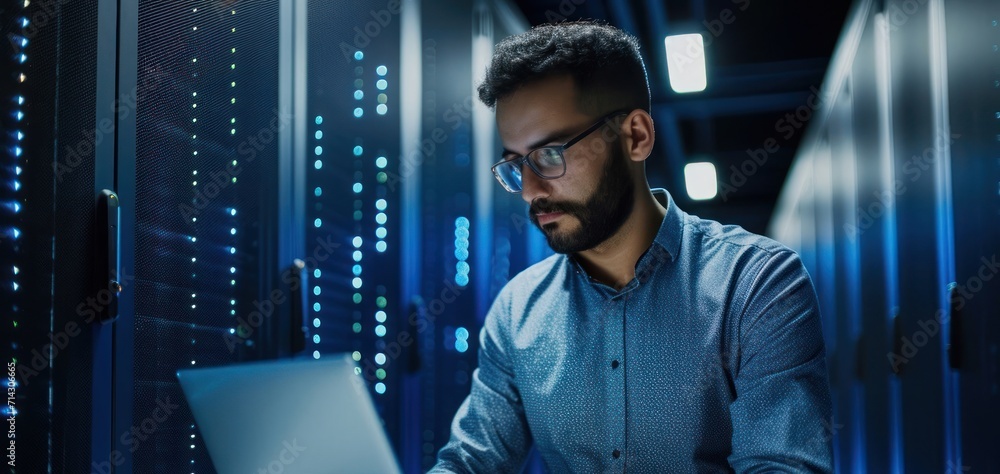 Poster it professional working on big data in server room data center generative ai