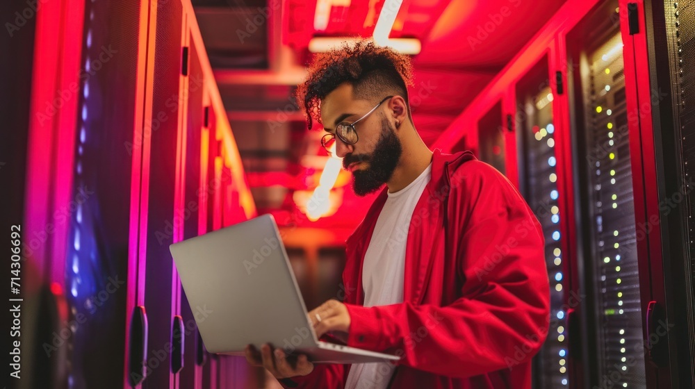 Poster it professional analyzing big data on laptop in red jacket generative ai