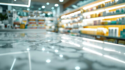 Blurred image of the interior of a store, likely a pharmacy or supermarket, with products on shelves and a bright, illuminated ceiling.