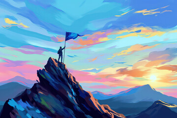 man with blue flag on top of rock