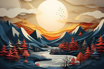 Beautiful horizontal mountain landscape in paper cut style. Generative AI