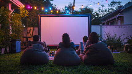 Group of friends from behind, sitting and enjoying an outdoor movie night with a blank screen, surrounded by garden lights at dusk.