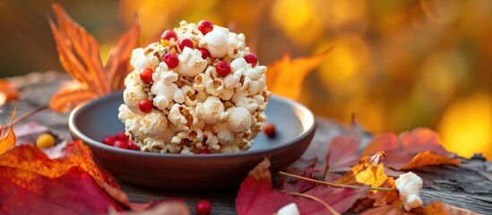 Popcorn ball with fall-themed toppings.