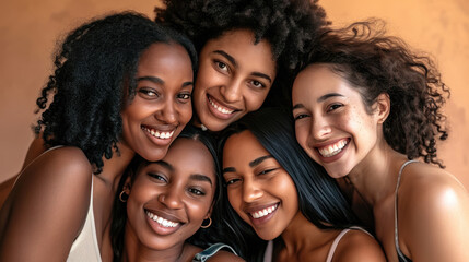 Fototapeta premium Smiling women are huddled closely together, portraying a warm, friendly, and diverse group.