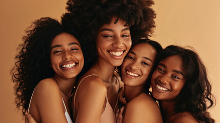 Fototapeta premium Smiling women are huddled closely together, portraying a warm, friendly, and diverse group.
