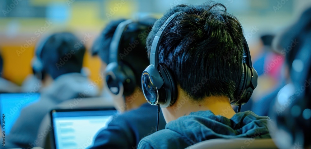 Poster group of people wearing headphones and using laptops for e-learning generative ai