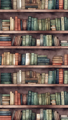 old books in a library, vertical watercolor background