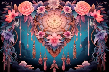 Ornate dreamcatcher tapestries, woven with threads of hope and woven dreams - Generative AI - obrazy, fototapety, plakaty