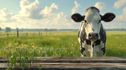 an isolated cow standing in front of a wooden table with grass and farmland - obrazy, fototapety, plakaty