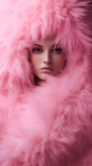 a close up of a young beautiful woman in a pink fluffy fur boa