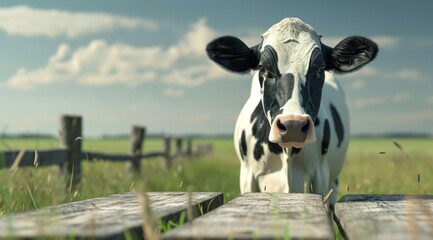 an isolated cow standing in front of a wooden table with grass and farmland