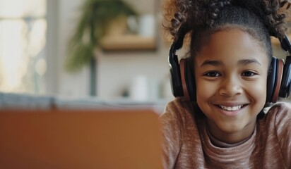 cheerful black female student with a bright smile wears headphones Generative AI