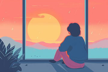 A person with cancer sitting by a window, watching the sunrise, symbolizing new beginnings, cancer drawings, flat illustration