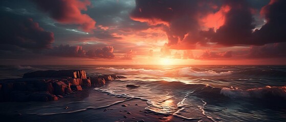 Beautiful sunset above sea or ocean.