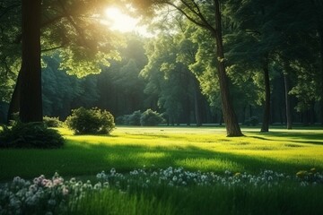 Beautiful warm summer widescreen natural landscape of park with a glade of fresh grass lit by sun - obrazy, fototapety, plakaty
