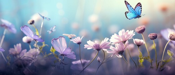 Fototapeta na wymiar Beautiful wild flowers chamomile, purple wild peas, butterfly in morning haze in nature close-up macro. Landscape wide format, copy space, cool blue tones