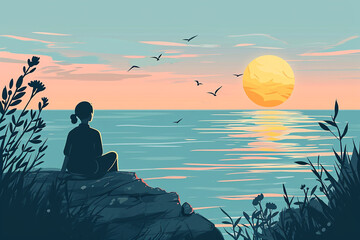 A person with cancer at the ocean, finding peace and hope in nature's beauty, cancer drawings, flat illustration