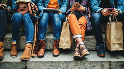 Close-up of four people's lower bodies sitting on steps, showcasing their legs and feet, with various shopping bags beside them - obrazy, fototapety, plakaty