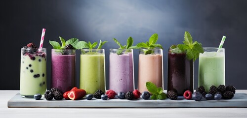 several drinks with purple berries, mint and blue smoothie on a white background