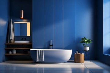 
Blue bathroom interior, generative ai image of modern and minimalistic luxury bathroom