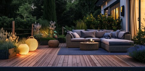 an outdoor balcony with lighting, couches and small gardens - obrazy, fototapety, plakaty