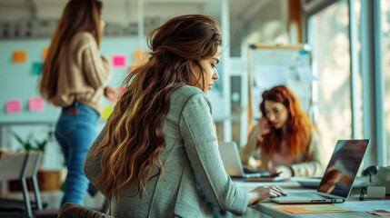 Colleagues in a modern office setting, one from behind, working at a computer.
