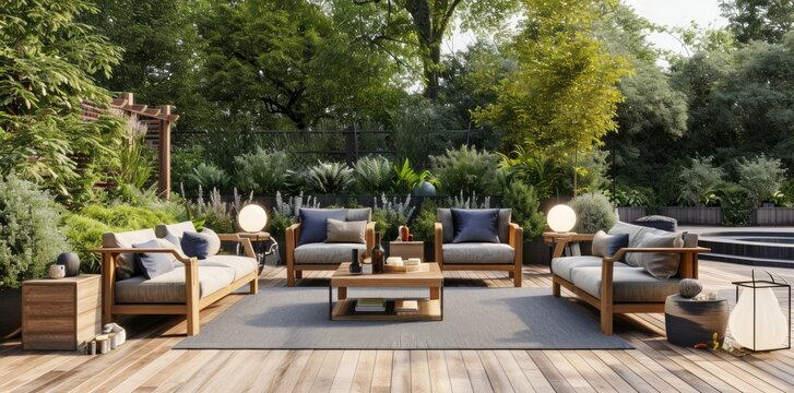 an outdoor space with wooden furniture