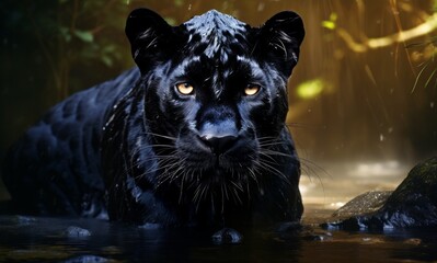 a black panther sitting in a stream