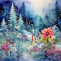 Fototapeta na wymiar Painting Christmas snow tree watercolor village illustration