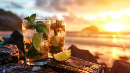 Two glasses of refreshing iced drink, garnished with mint leaves and lime slices, placed on a rustic wooden table with a soft-focus background - obrazy, fototapety, plakaty