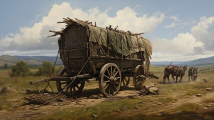 Painting of carriage horse covered wagon train illustration - obrazy, fototapety, plakaty