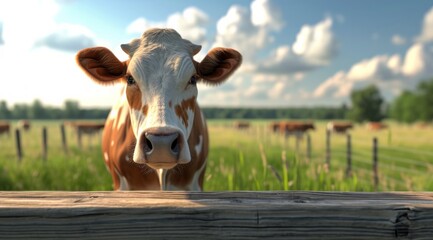 cow standing on wooden table near a farm with herds of cows - obrazy, fototapety, plakaty