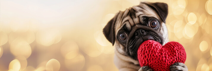Cute Pug Puppy with Big Eyes Holding a Red Heart, Golden Bokeh Background - obrazy, fototapety, plakaty