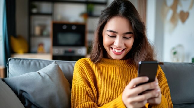 Woman Sitting on Couch Engaged With Cell Phone Texting and Online Generative AI