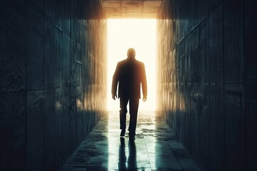 Businessman entering backlit door in escape concept