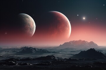 Alien planet with two rising moons, NASA image.
