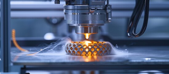 Metal 3D printer creates printed object; laser sintering machine makes model; represents 4.0 industrial revolution with additive technology.