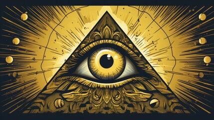 orange or gold. All seeing eye. Eye of Providence inside triangle pyramid. Masonic and Illuminati symbol in triangle