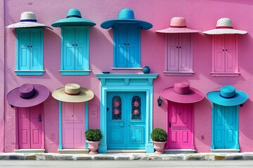Pink house and colorful windows and hats