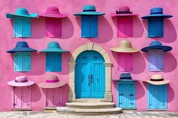 Pink house and colourful windows and hats