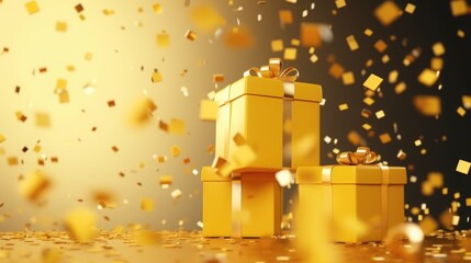 yellow gift and confetti flying and falling. festive, christmas texture, background. birthday card. place for text.