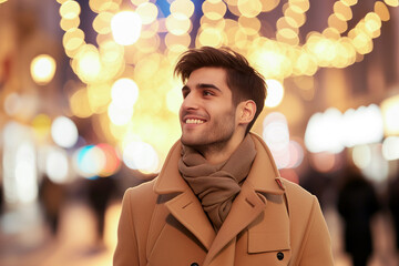 Fototapeta premium Smiling Young Man in Fashionable Camel Overcoat, City Lights and Winter Night Bliss
