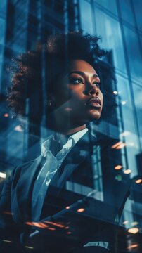 confident young woman in a black business suit on the background of office buildings. African American businesswoman