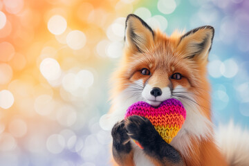 Joyful Fox Holding a Colorful Knitted Heart, Warm Bokeh Light Background