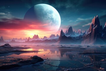 Alien world sunset with ocean, space background, fantasy rendering. - obrazy, fototapety, plakaty