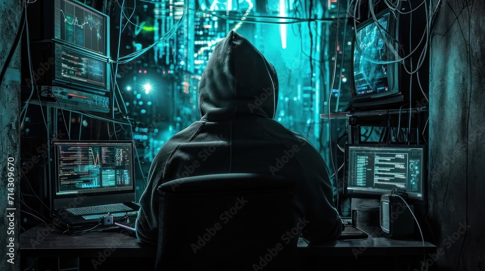 Poster computer hacker in hooded jacket sitting at computer desk generative ai