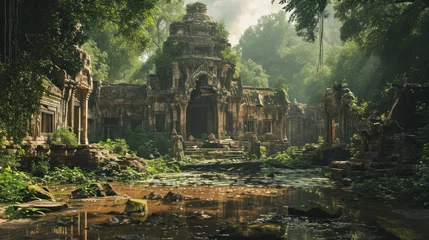 Papier Peint photo Lieu de culte Realm with ancient temple ruins nestled in the heart of a jungle. 
